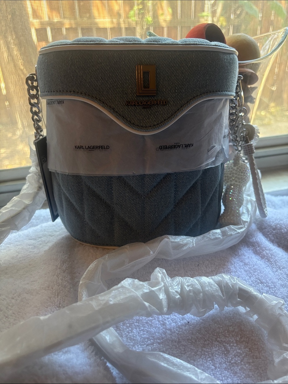 NWT Karl Lagerfeld Denim Quilted Light Blue Mini Bucket Bag with White Trim